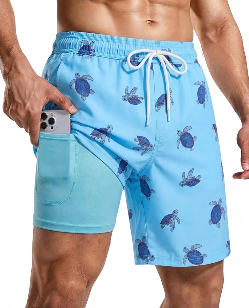Mens 7 Inch Swim Trunks with Compression Liner and Zipped Pocket Quick Dry Board Shorts Bathing S... | Amazon (US)