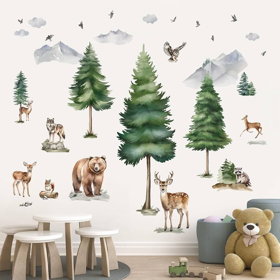 wondever Large Mountain Tree Wall Stickers Pine Tree Woodland Animal Deer Bear Peel and Stick Wal... | Amazon (US)