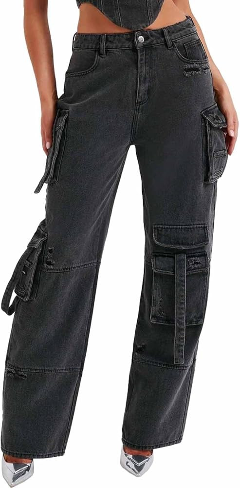 Women's Y2K Emo Grunge High Waist Baggy Cargo Pants Multi Pocket Straight Leg Casual Loose Jeans ... | Amazon (US)