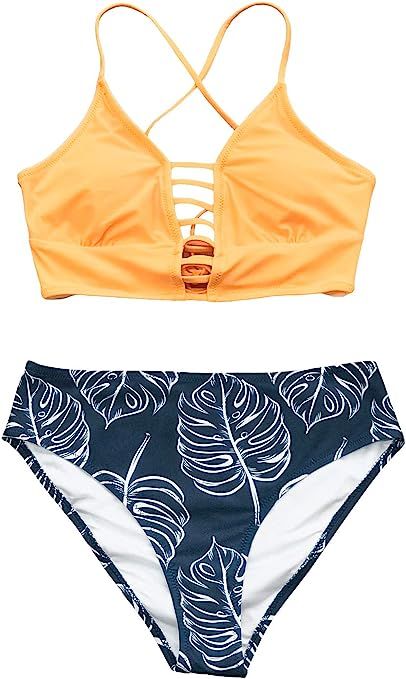 CUPSHE Women’s Bikini Swimsuit Floral Print Lace Up Multi Color Strappy Two Piece Bathing Suit | Amazon (US)