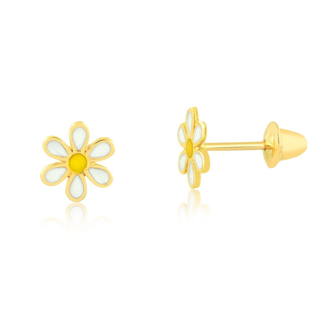 Daisy Flower 14k Solid Yellow Gold Earrings  Enamel Little - Etsy | Etsy (US)
