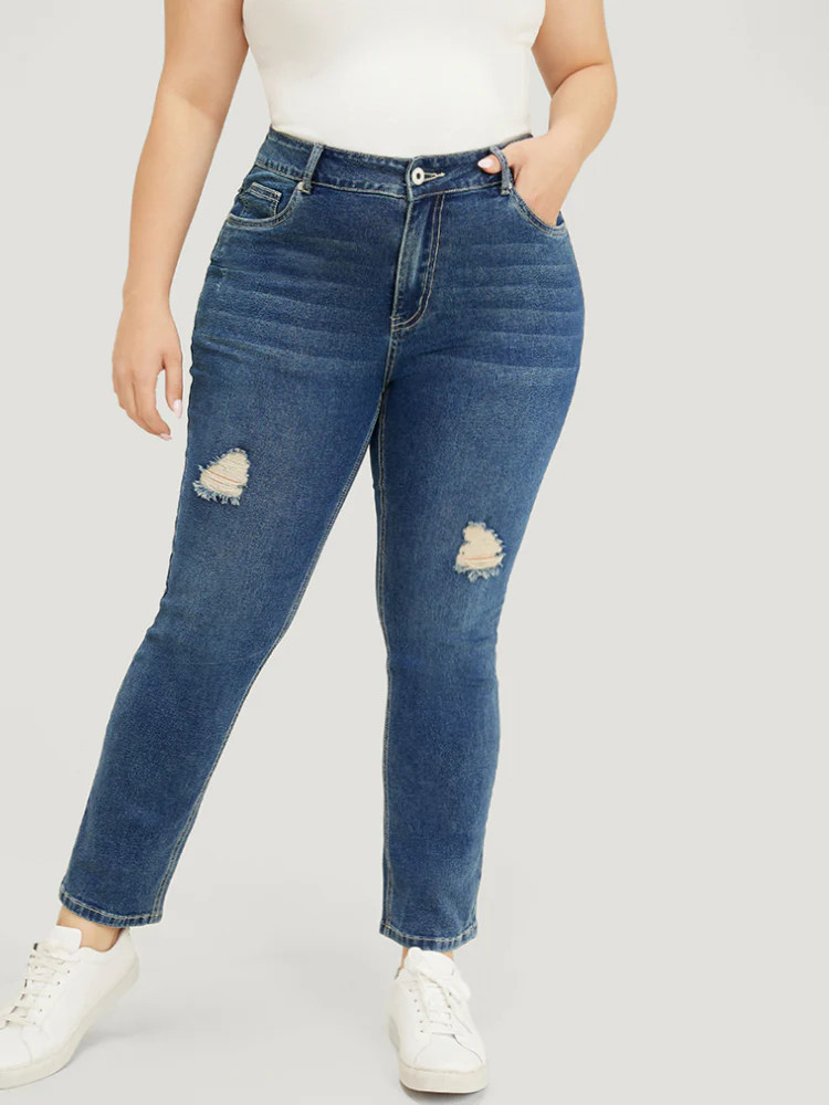 Straight Leg Very Stretchy High Rise Medium Wash Jeans | Bloomchic