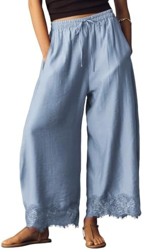 Cropped Lace Hem Wid Leg Pants for Women Summer High Waist Drawstring Balloon Lightweight Beach T... | Amazon (US)
