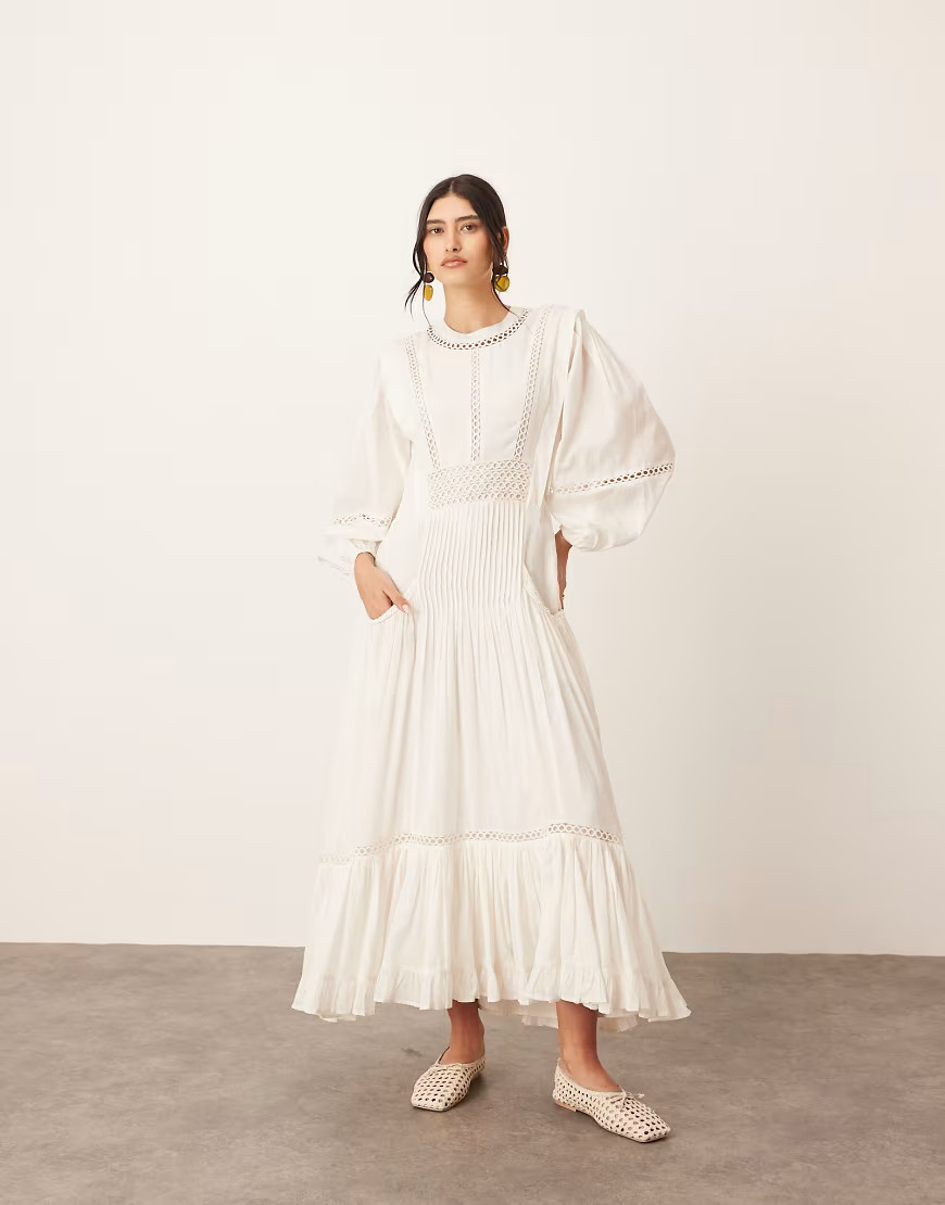 ARRANGE cotton voile maxi dress with lace trim in ivory-White | ASOS (Global)
