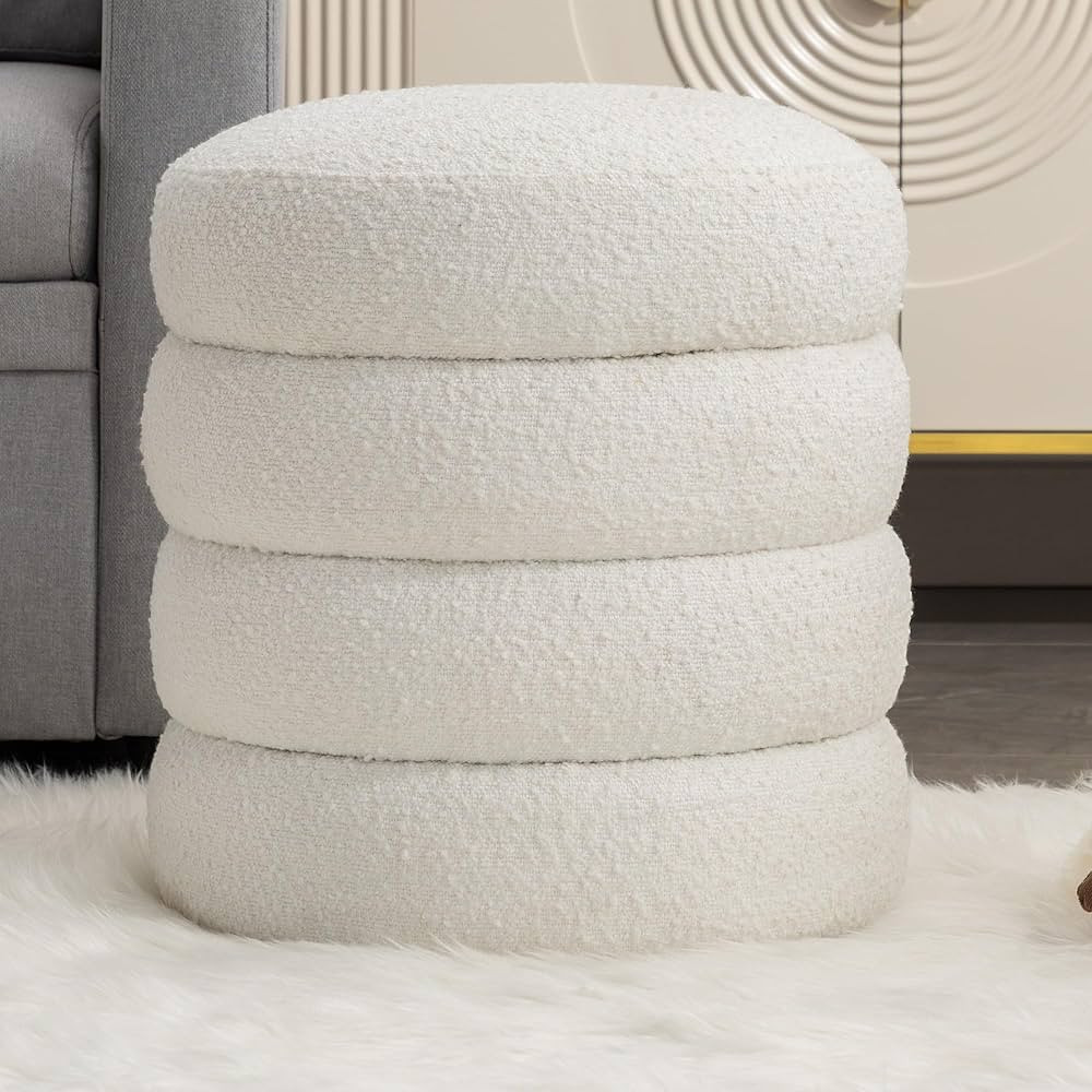 Boucle Round Vanity Stool, Modern Upholstered Ottoman for Makeup Room, Soft Footrest Stool for Li... | Amazon (US)