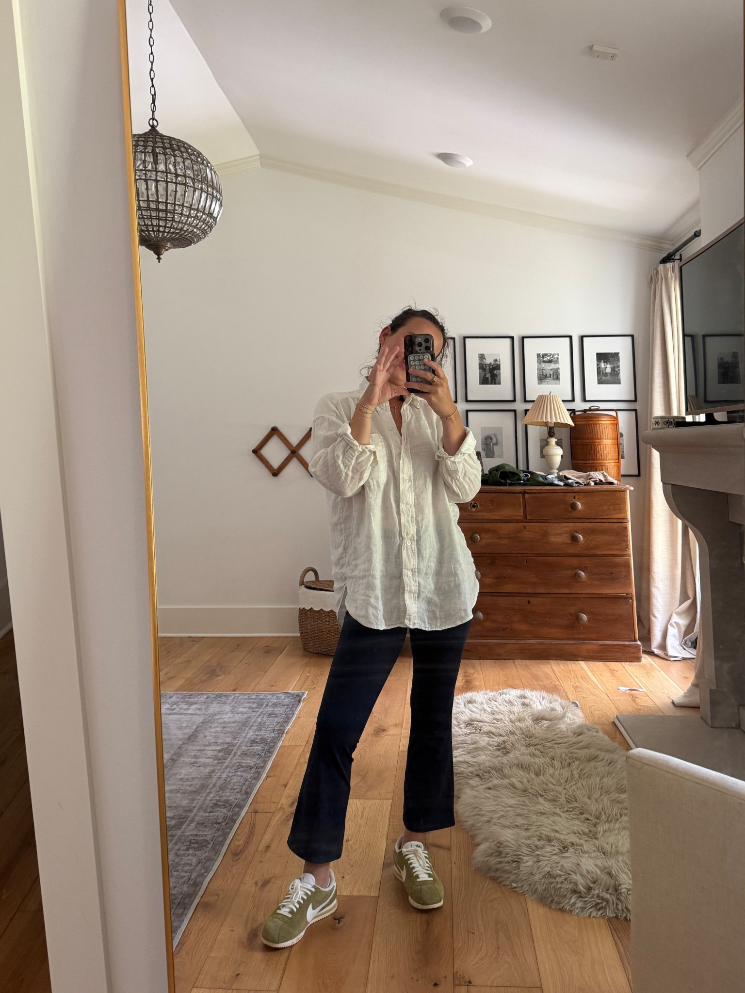 an outfit I wear at least once a week lately!!! great for momming  button up is an old linen one from H&M, shoes run a half size small, and pants run a tad small so I’d size up if you’re in between sizes. Hugeee fan of these Nike Cortez sneakers. Sooo comfy and fun and still go with everything  