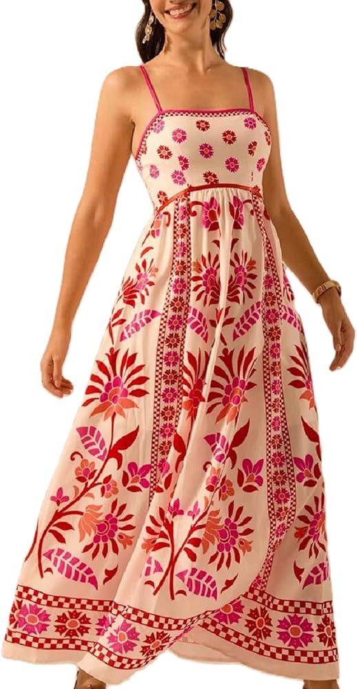 Juakoso Women Boho Graphic Maxi Dress Spaghetti Strap Square Neck Long Flowy Dress Summer Graffit... | Amazon (US)