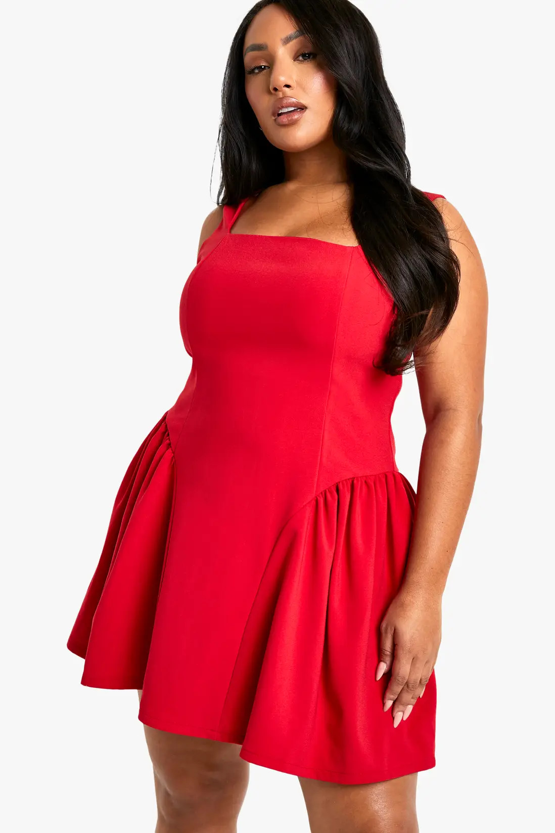 Red boohoo Plus Square Neck Skater Dress | PrettyLittleThing USA | PrettyLittleThing US