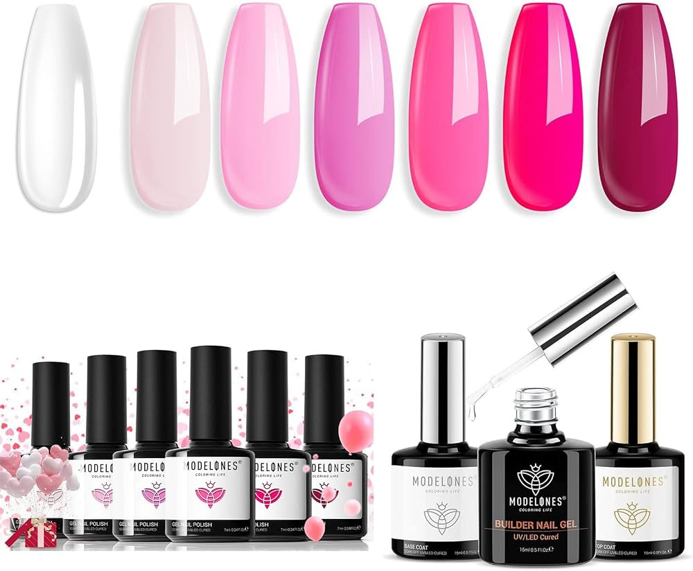 modelones Builder Nail Gel with Gel Top and Base Coat & 6 Colors Pink Gel Nail Polish Set | Amazon (US)