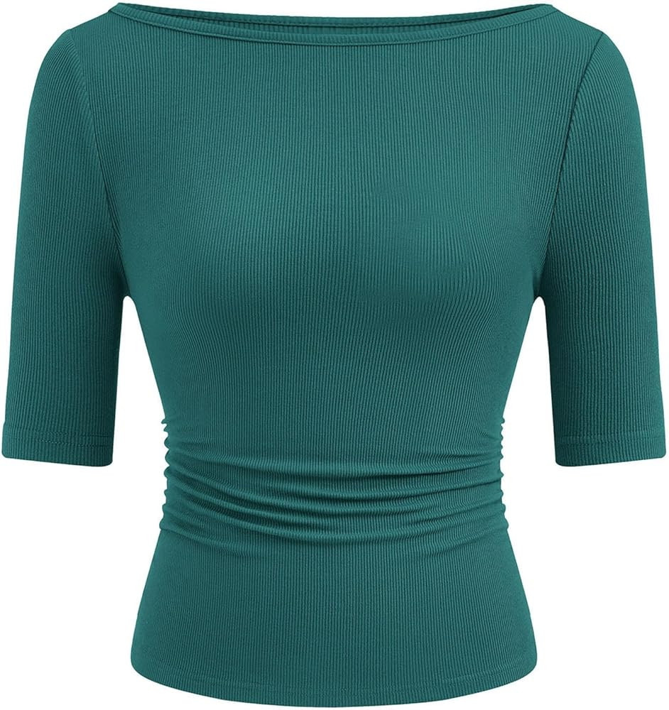 PRETTYGARDEN Womens Summer Short Sleeve Tops Boat Neck Ribbed Knit Slim Fit T Shirt Casual Basic ... | Amazon (US)