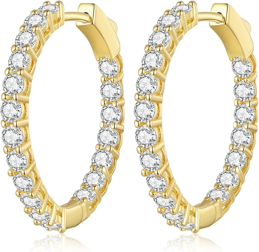 Silver Hoop Earrings for Women,Cubic Zirconia CZ Hoop Earrings | Amazon (US)