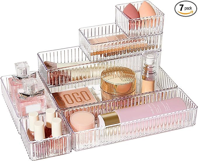 Vtopmart 7 PCS Clear Drawer Organizers Bins, 4-Size Stackable Makeup and Vanity Drawer Organizer ... | Amazon (US)