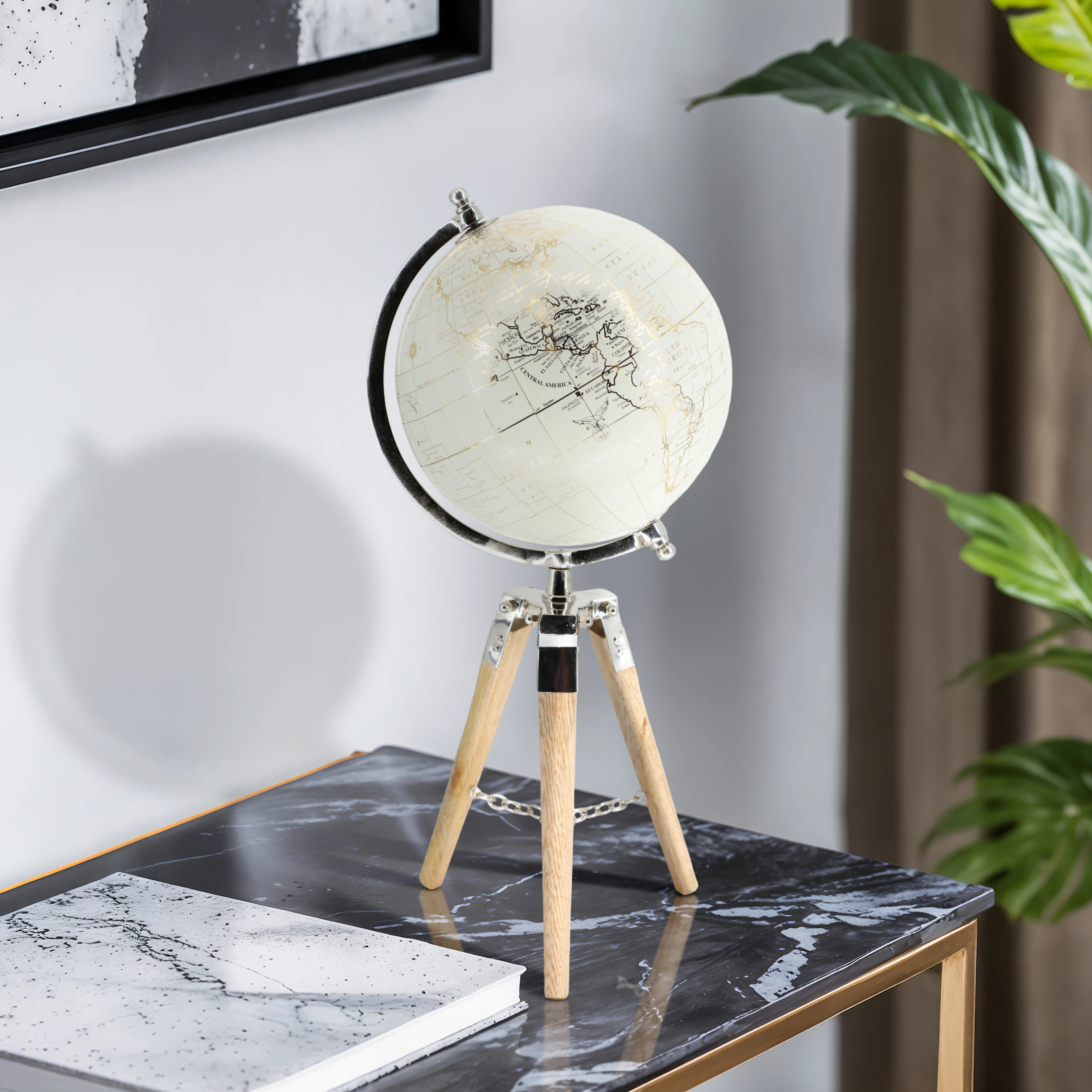 Decorative Globe on Wooden Tripod Sculpture for Home Decor - Modern Object Decorations for Living... | Wayfair North America