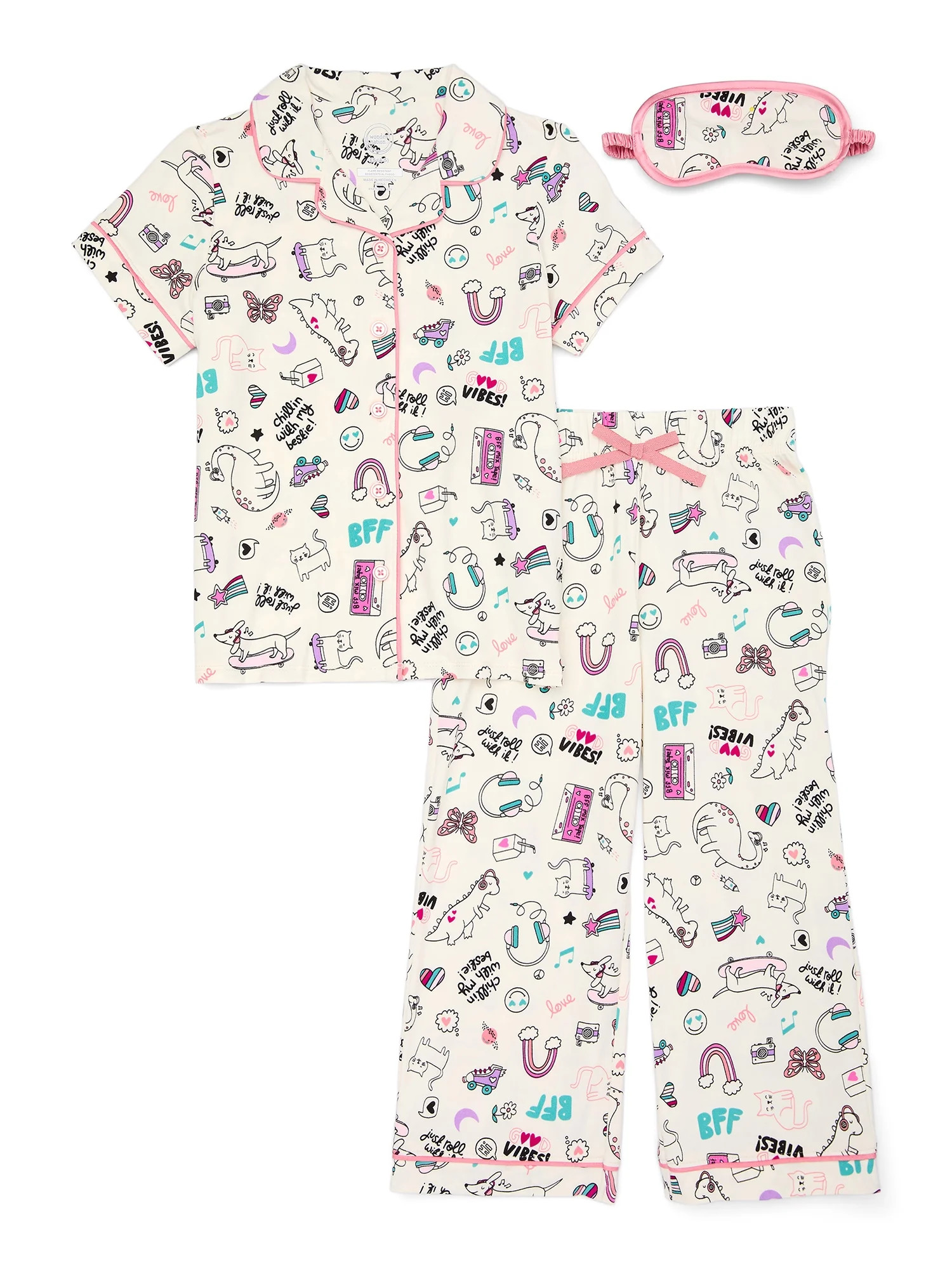 Wonder Nation Girls Sleep Shirt and Pants Set with Eye Mask, 3-Piece, Sizes 4-18 & Plus - Walmart... | Walmart (US)