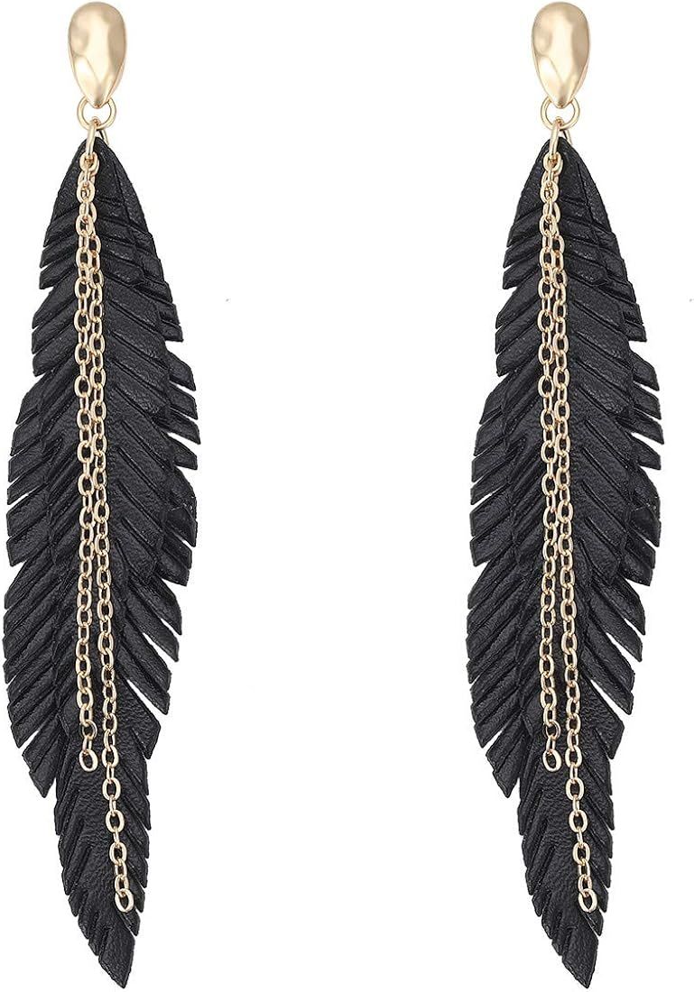NVENF Feather Tassel Dangle Earrings for Women Bohemian Faux Leather Plume Gold-tone Metal Chain Fri | Amazon (US)