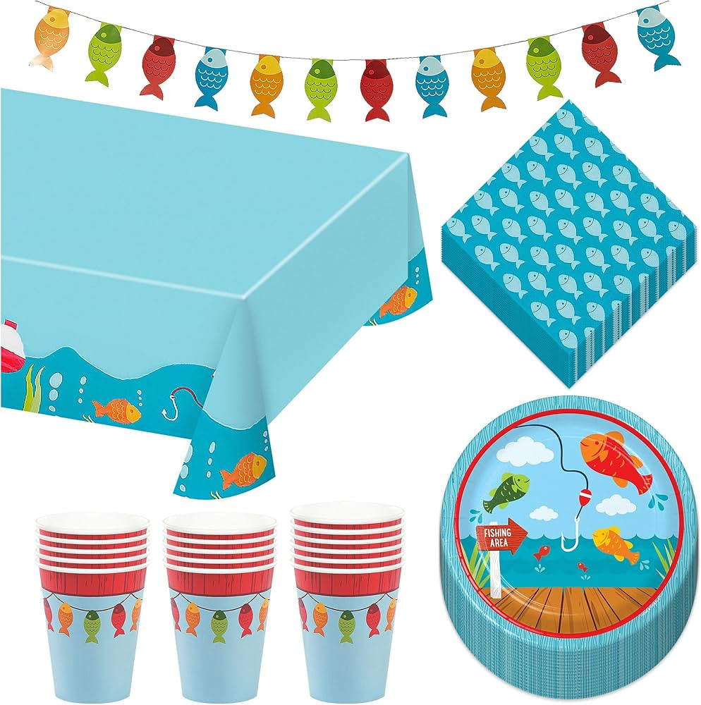 Little Fisherman Fishing and Camping Party Paper Dessert Plates, Napkins, Cups, and Table Cover S... | Amazon (US)