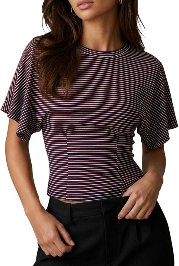 CHYRII Womens Summer Tops Lyocell Striped Batwing Short Sleeve T Shirts | Cinched Waist Slim Fitt... | Amazon (US)