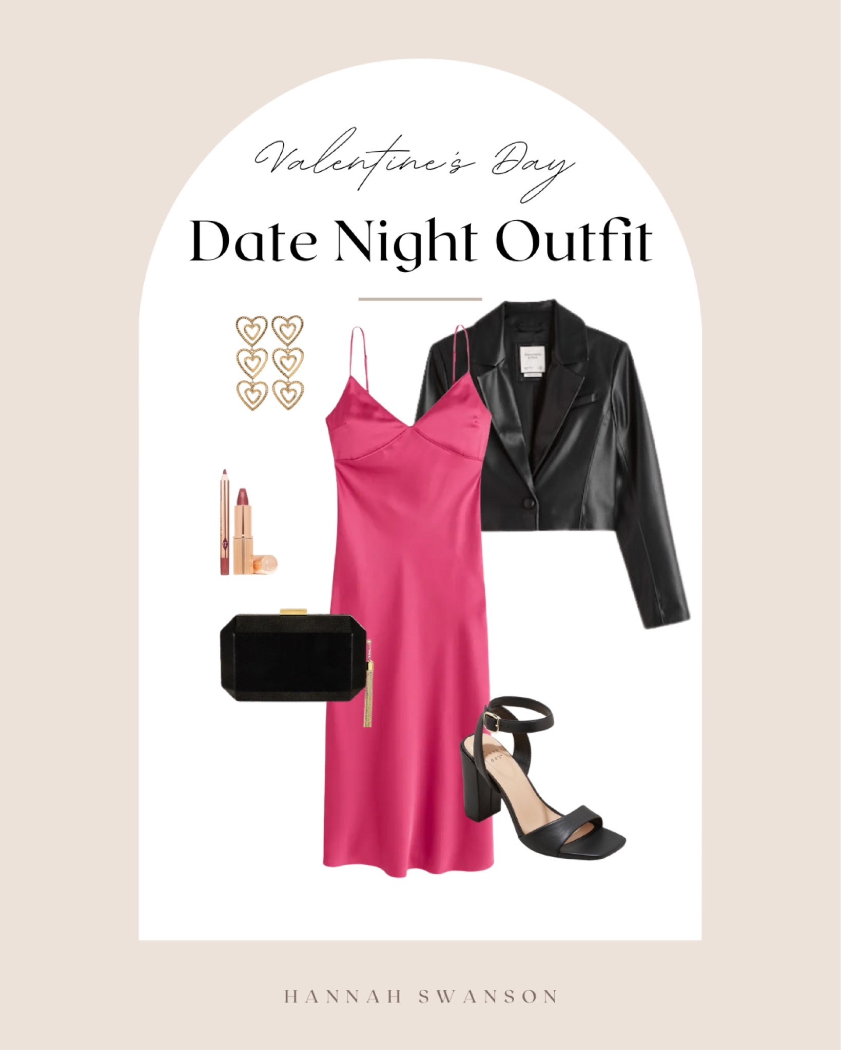Valentine’s Day Date Night Outfit. Satin dress. Pink dress. Vegan Leather Jacket. Biker jacket. Women’s jacket. Open toed pumps. Heart earrings. Pillow talk lipstick. Lip liner. Clutch. Spaghetti strap dress.

#LTKFind #LTKstyletip #LTKSeasonal