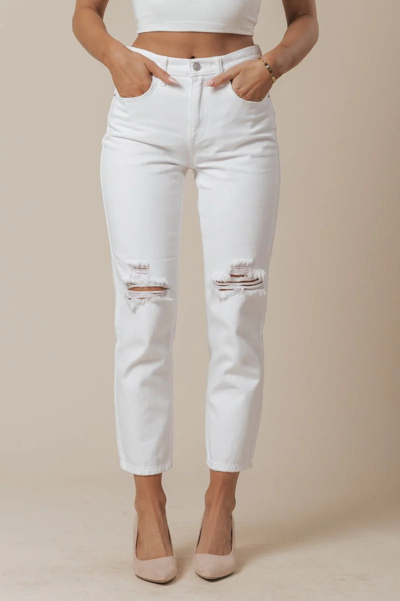 White Destroyed Slim Straight Jeans | Magnolia Boutique