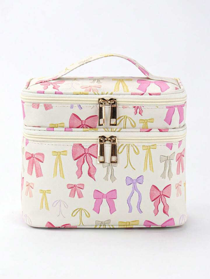 Duchess Plum Artist Bow Pattern Fashionable Kawaii Cute Double Layers Cosmetic Bag For Storage, S... | SHEIN