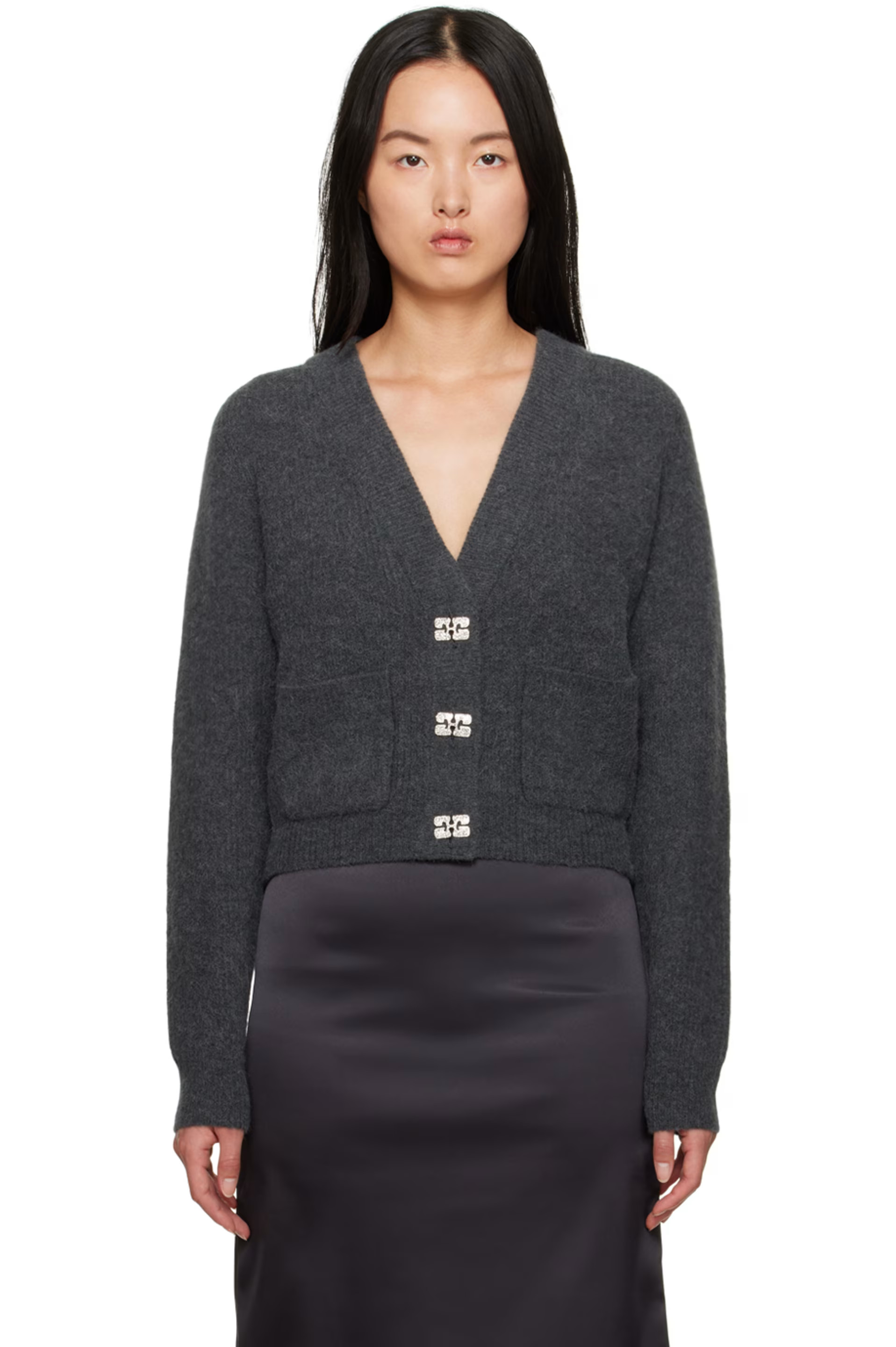 GANNI - Gray Crystal-Cut Cardigan | SSENSE