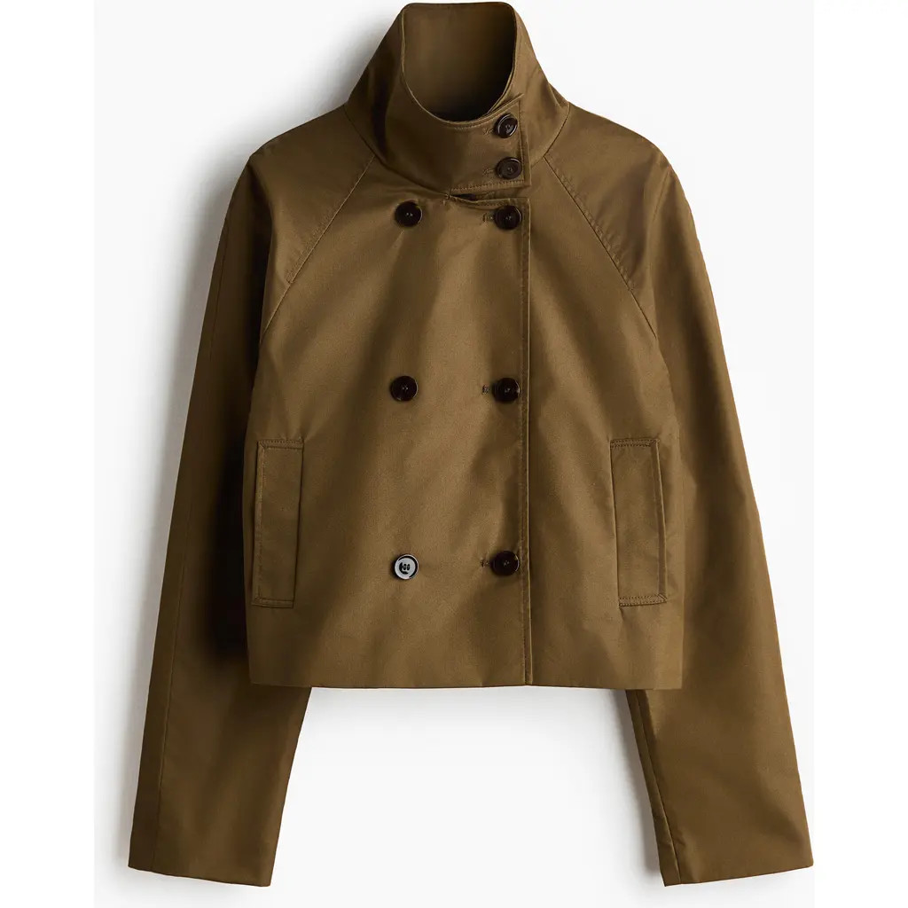 H&M Short Trench Coat in Dark Khaki Green at Nordstrom, Size Large | Nordstrom