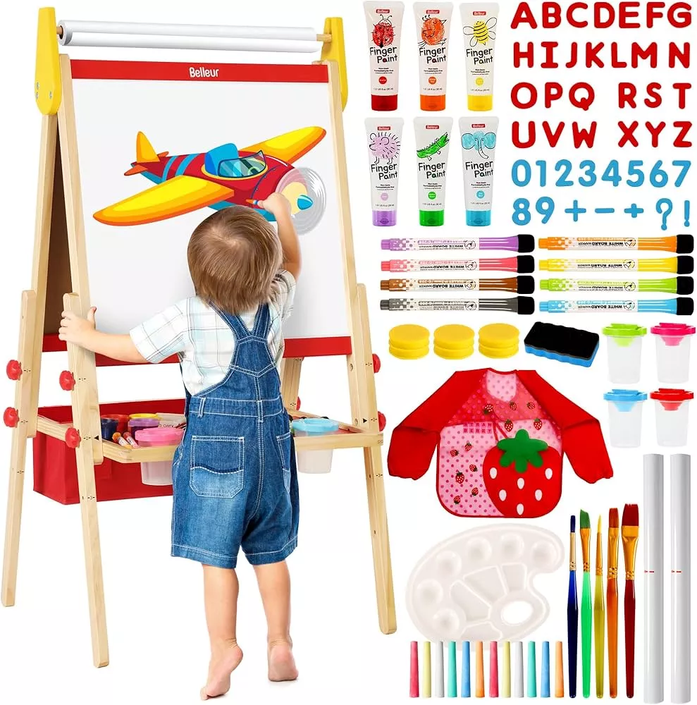 Art Easel for Kids - 100+ Accessories Double Sided Wooden Kids Easel  Drawing Boa