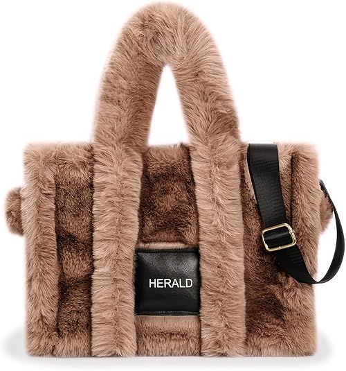 Herald Large Tote Bag for Women Soft Winter Fluffy Fuzzy Furry Plush Top Handle Purse and Handbag... | Amazon (US)