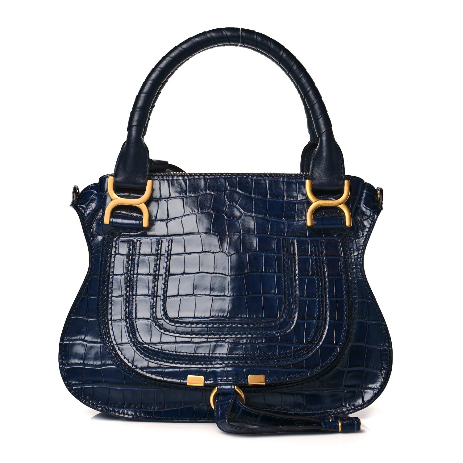 CHLOE Calfskin Crocodile Embossed Small Marcie Satchel Full Blue | FASHIONPHILE | Fashionphile