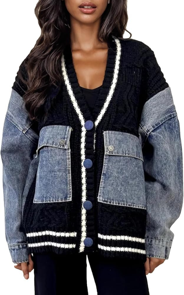 Tbahhir Women Open Front Sweater Cardigan Denim Patchwork Long Sleeve Chunky Knit Button Down Jac... | Amazon (US)
