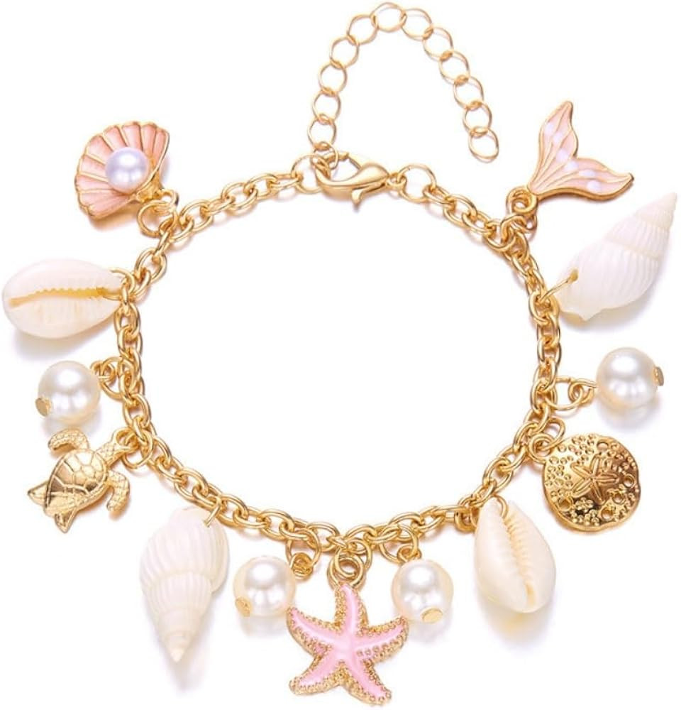 Shell Starfish Bracelet Seahorse Conch Starfish Sea Shell Pearls Charm Stone Bracelet Statement B... | Amazon (US)