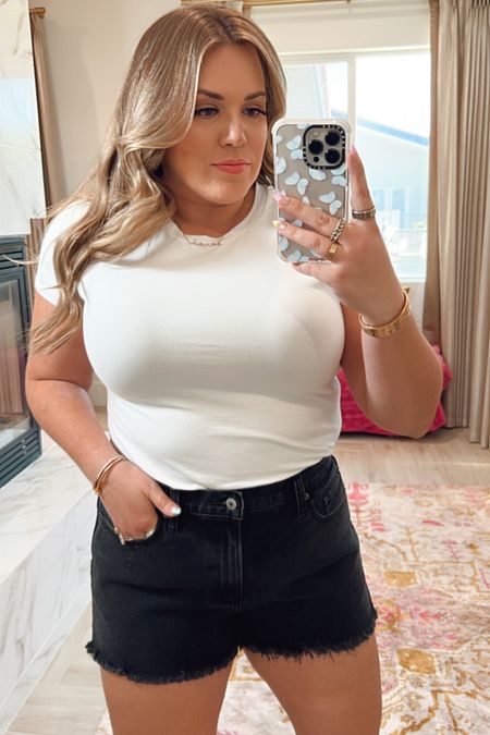 curvy spring denim shorts look! wearing size xl in fitted white cropped tee and size 32 in black washed denim short shorts! 

#LTKcurves #LTKSeasonal #LTKunder50