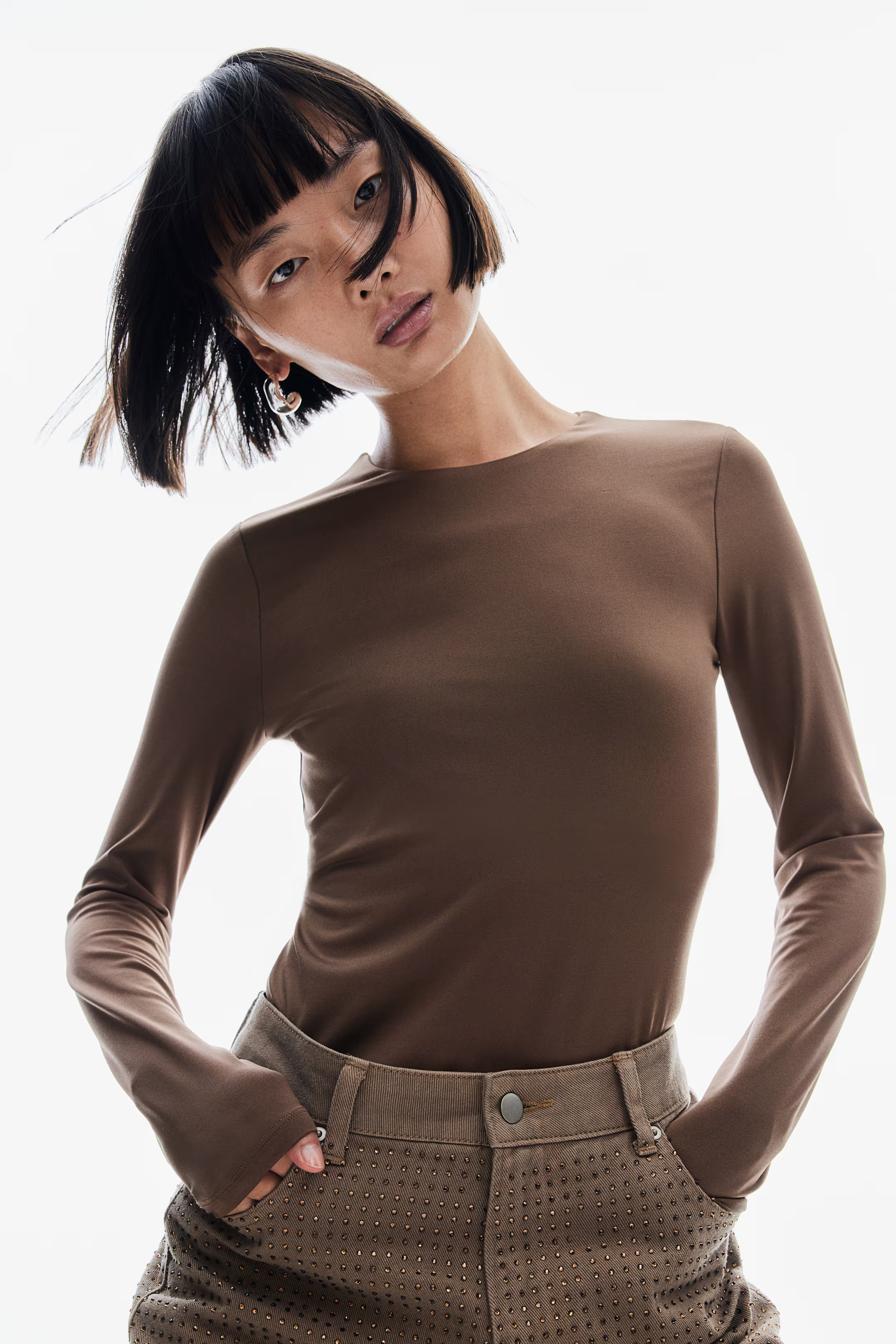 Jersey Top - Round Neck - Long sleeve - Brown - Ladies | H&M CA | H&M (US + CA)
