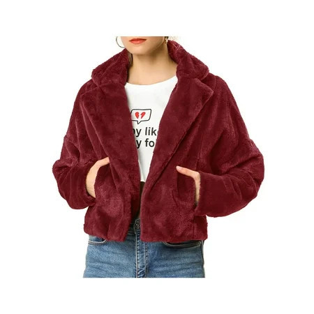 MODA NOVA Juniors Winter Fashion Loose Faux Fur Coat Crop Jacket Burgundy XL | Walmart (US)