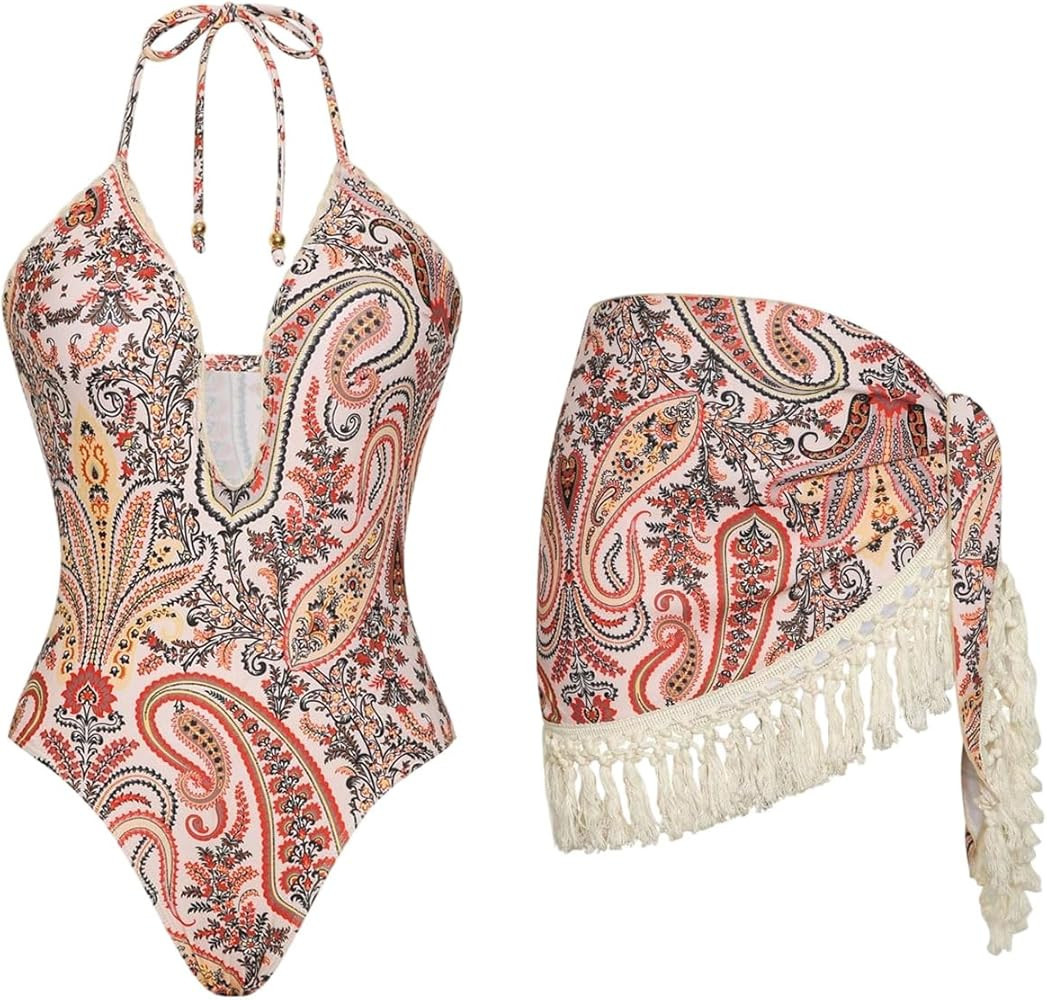 Floerns Women's One Piece Swimsuit Paisley Tummy Control Monokini with Tassel Cover Up Skirt | Amazon (US)