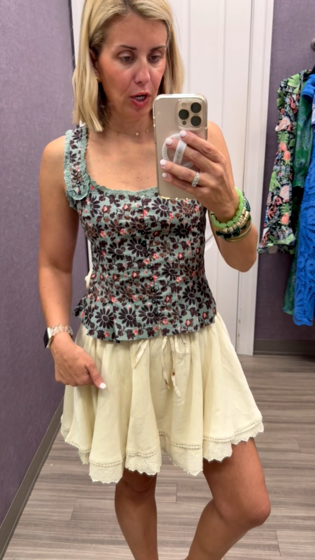How cute is this Free People top from Belk? The details are so cute and on sale!! 
Top - xs
Skirt - small (sized up for length)

*Use my code Catherine20 on A+B
*Use my code Mixandmatchmadness on Loopy

#LTKOver40 #LTKstorytime #LTKSeasonal