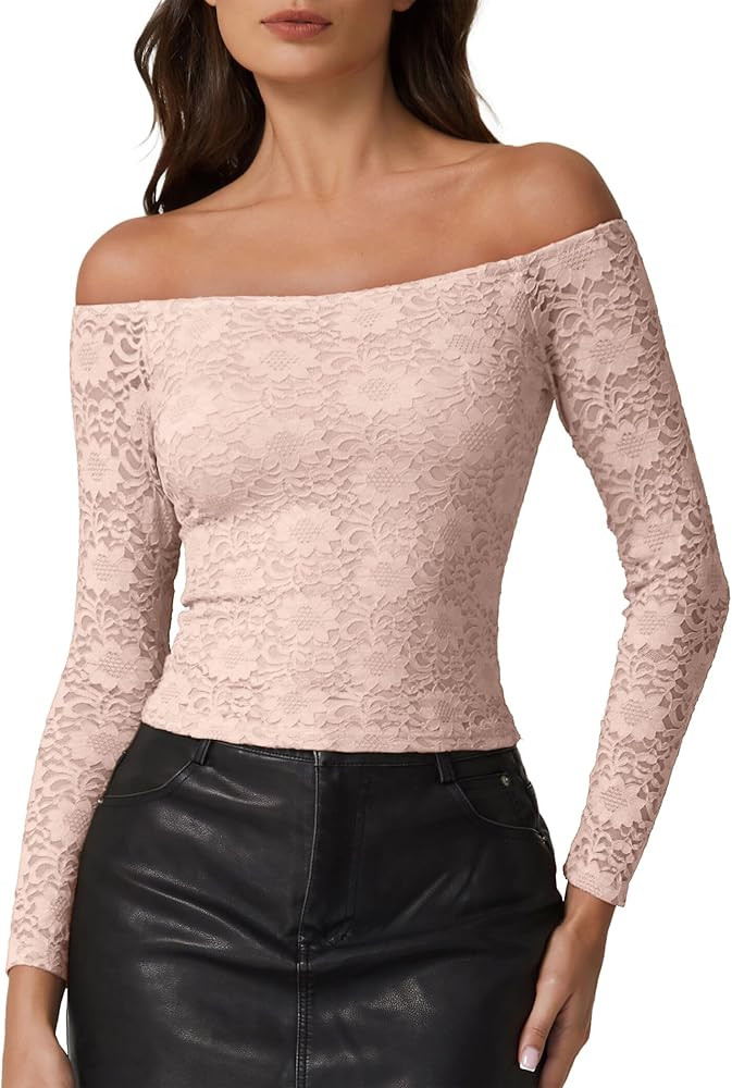 QINSEN Womens Lace Trim Off Shouder Top Long Sleeve Double Lined Y2k Trendy T Shirts | Amazon (US)