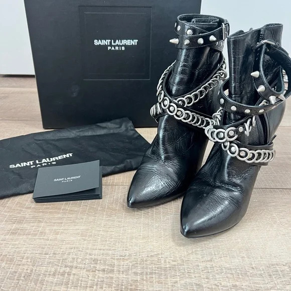 Saint Laurent Black Leather Ankle Boots with Stud & Chain Detail – Size 36 | Poshmark
