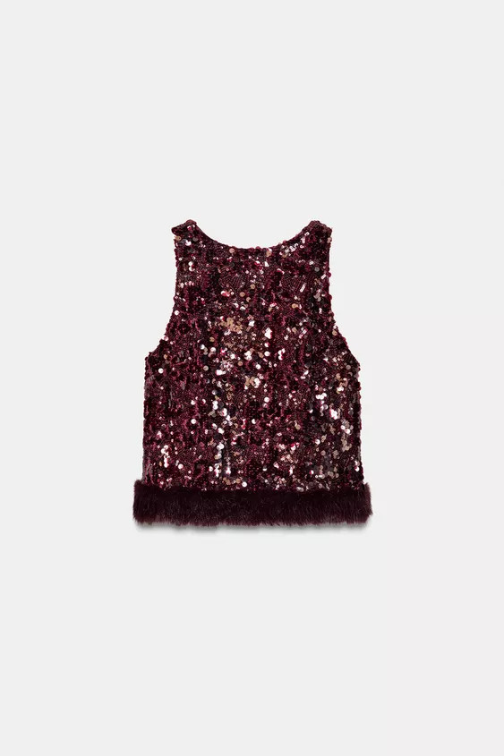 SEQUIN TOP WITH FAUX FUR HEM | Zara US