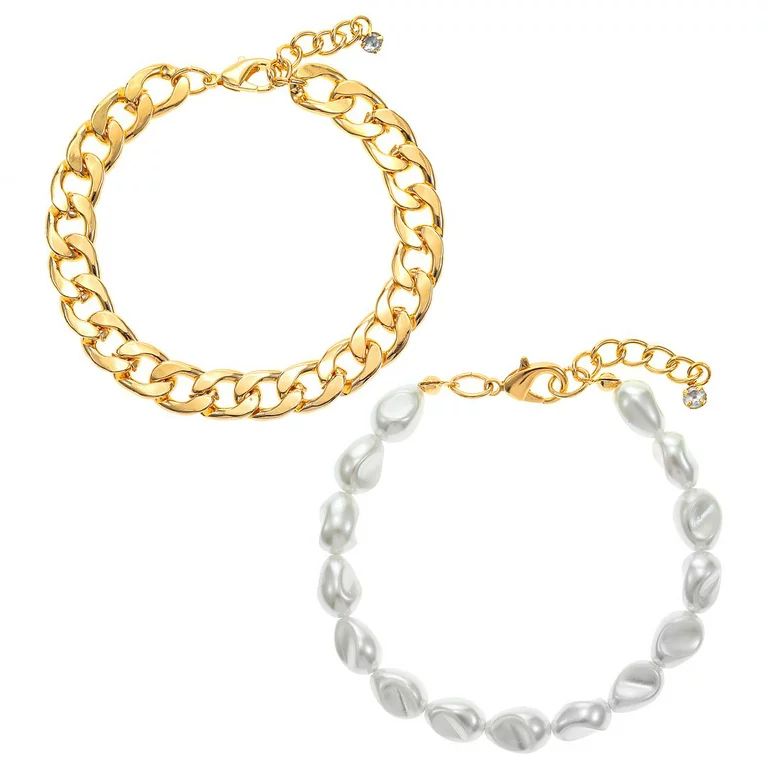 Seren Jewelry Women's Simulated Pearl and 14K Gold Flash Plated Bracelet Set, 2 Pieces | Walmart (US)