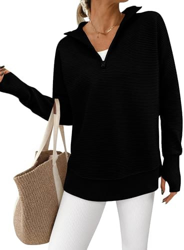 PRETTYGARDEN Womens Long Sleeve Quarter Zip Pullover Sweater Casual Loose V Neck Collared Ribbed ... | Amazon (US)