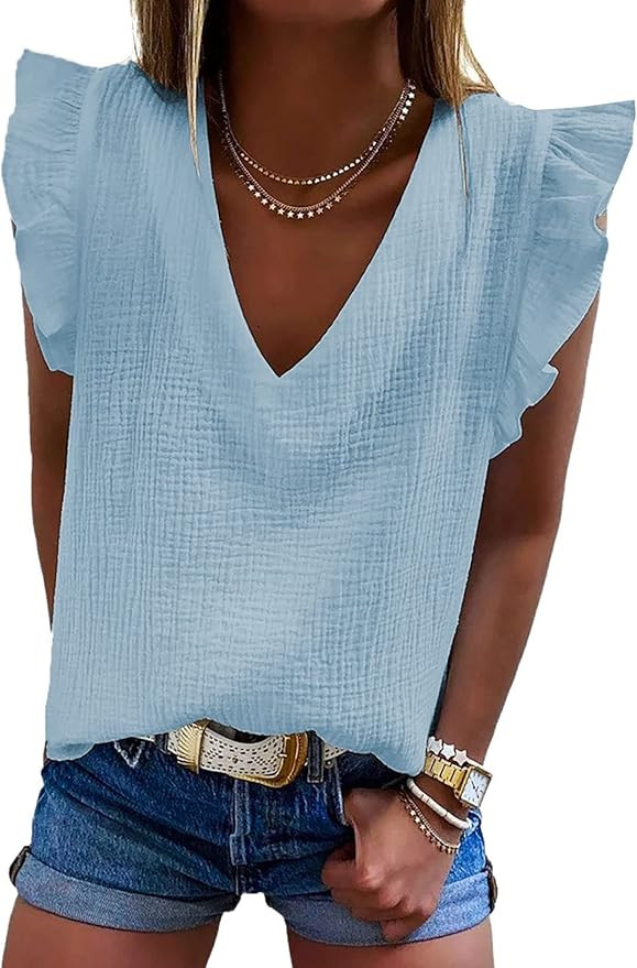 Dokotoo Womens 2026 Cute V Neck Ruffle Sleeveless Shirts Elegant Tank Tops Blouses | Amazon (US)