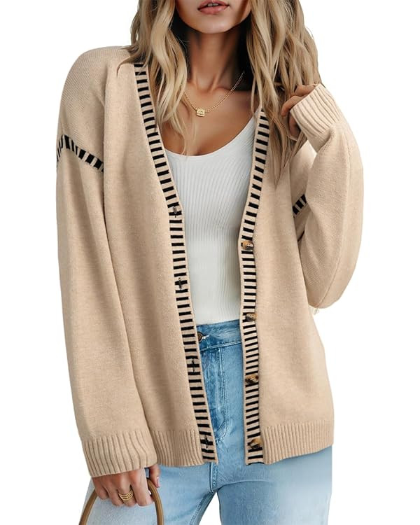 Dokotoo Womens Oversized Cardigan Sweaters Casual Coats Long Sleeve Button Front Stripes Trim Fal... | Amazon (US)