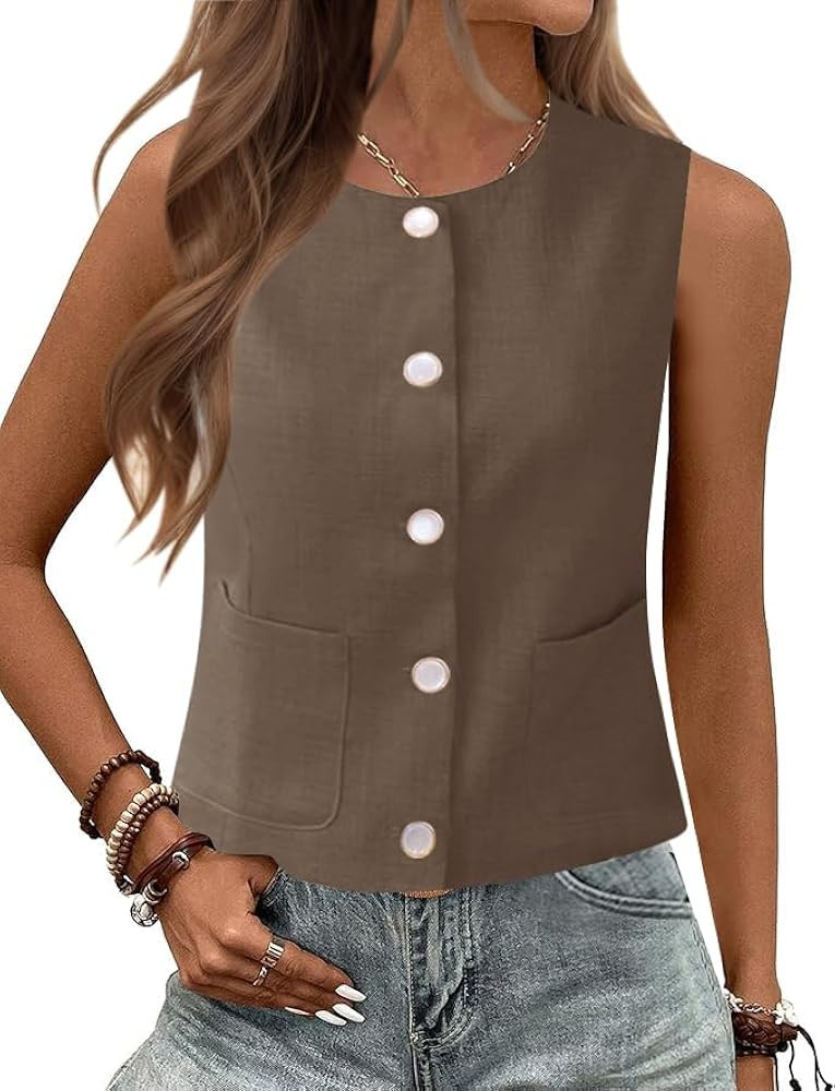 Rapbin Womens Vest Sleeveless Button Down Vest Tops Crew Neck Casual Dressy Waistcoat Business Ou... | Amazon (US)