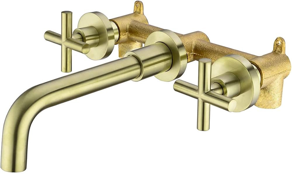 HANEBATH Brass Brushed Gold Bathroom Faucet, Two Cross Handle Wall Mount Bathroom Sink Faucet wit... | Amazon (US)