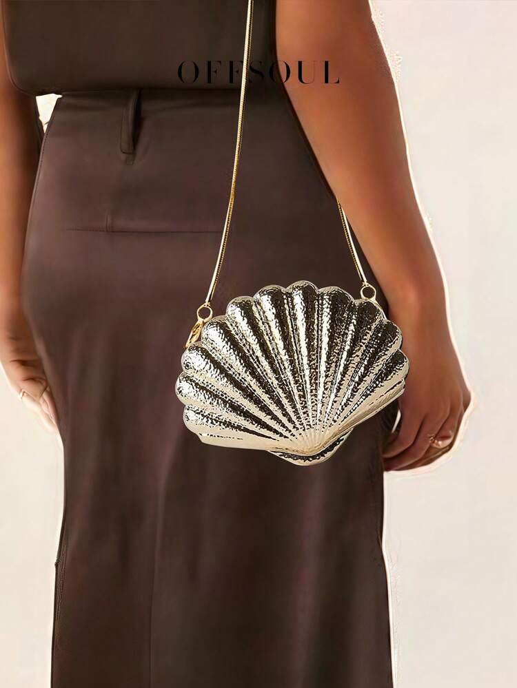 New Pearl Marble Fan-Shaped Shell Evening Bag, Elegant French Bridal Wedding Party Clutch, Unusual Acrylic Handbag With Chain Shoulder Strap For Women | SHEIN