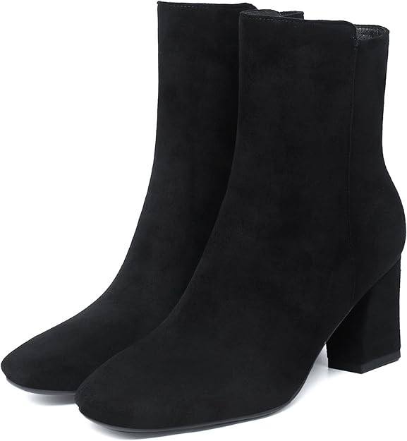 SHEMEE Women's Square Toe Block Heels Booties Chunky High Heeled Side Zipper Ankle Boots Shoes | Amazon (US)