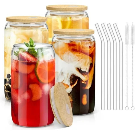 Glass Cups with Bamboo Lids and Straws 16oz Set of 4 Clear Glass Tumbler Iced Coffee Cups and Drinking Glasses with Wooden Lids for Tea Beer and Soda | Walmart (US)