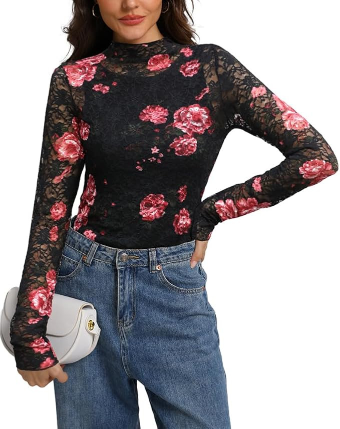 IWOLLENCE Women's Long Sleeve Mock Neck Lace Tops Sexy Floral Western See Through Blouse Sheer Me... | Amazon (US)