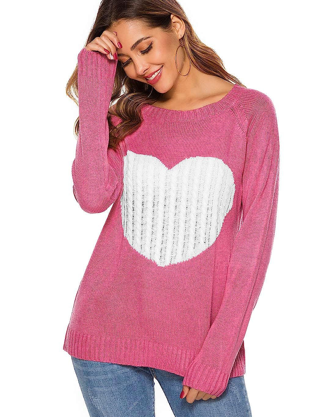 Koitmy Women's Long Sleeve Crewneck Knitted Patchwork Cute Heart Sweaters | Amazon (US)
